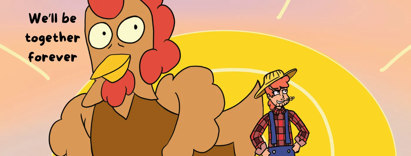 The farmer and his giant rooster at sunset — 'We'll be together forever'