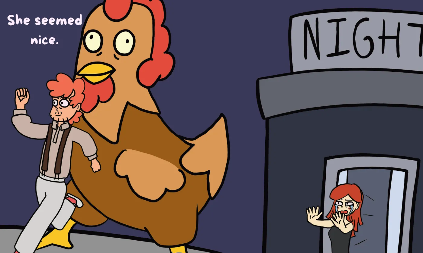 She seemed nice — the farmer rides off on his giant rooster while a girl reacts from a doorway